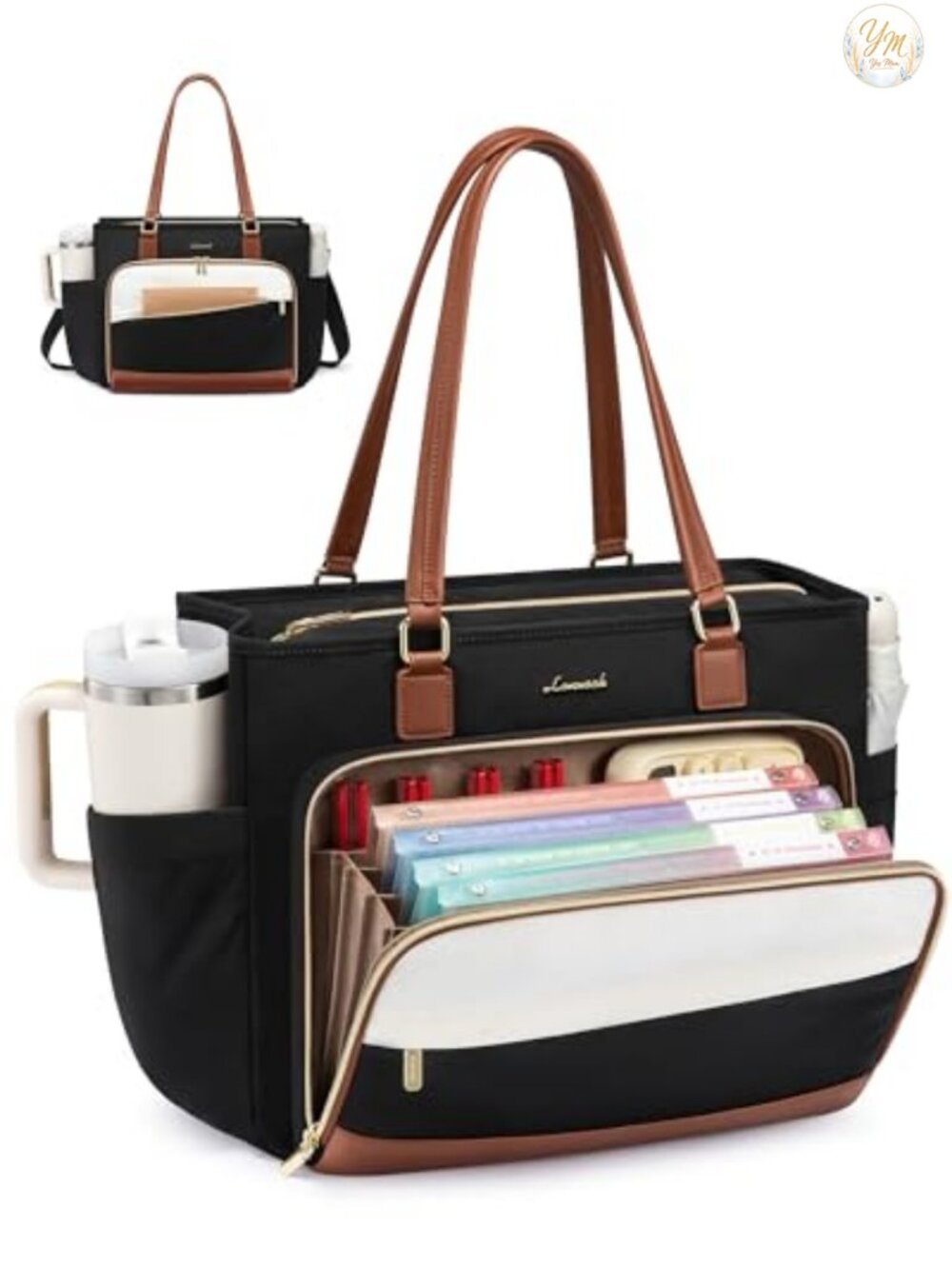 Teacher Laptop Tote Bag with Cup Holder 15.6" Work Bag Polyester
